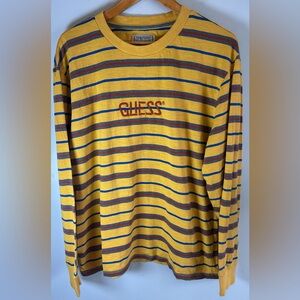 Guess Originals Striped Men's T-shirt Tee Size L Long Sleeve Yellow Blue RARE